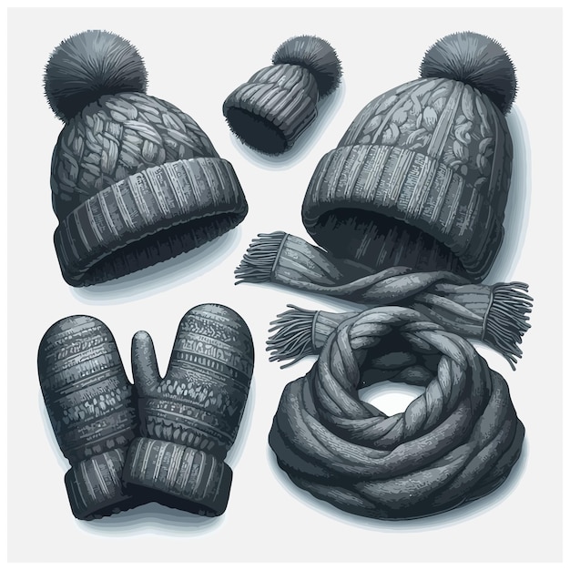 Vector realistic detailed hat scarf and mittens set vector stock illustration