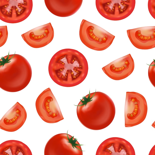 Realistic Detailed Red Tomato and Segment Parts Seamless Pattern Background Vector