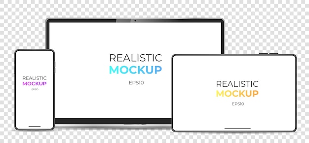 Realistic device mockup Laptop phone tablet with white screen in realistic style Digital devices screen template Vector illustration