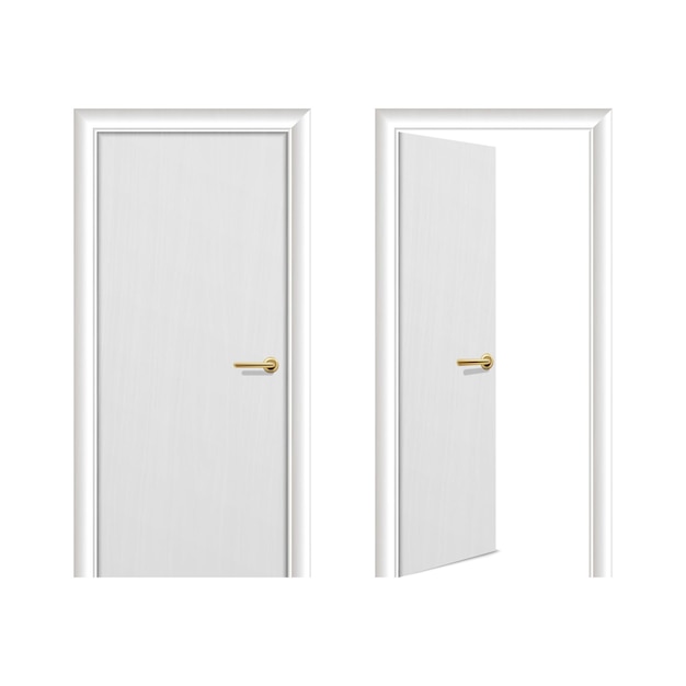 realistic different opened and closed white wooden door icon set closeup isolated on white