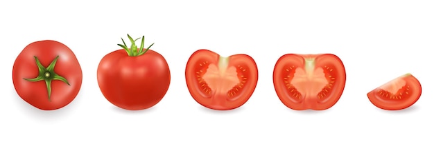 Realistic different tomato icon set closeup isolated