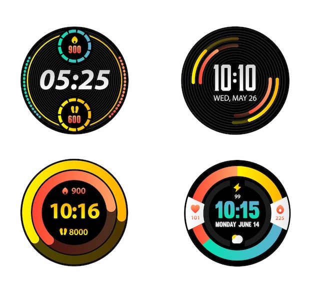 Realistic digital and analogue smartwatch watch faces collection, isolated on white background