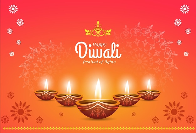 Realistic diwali diya banner with happy diwali text