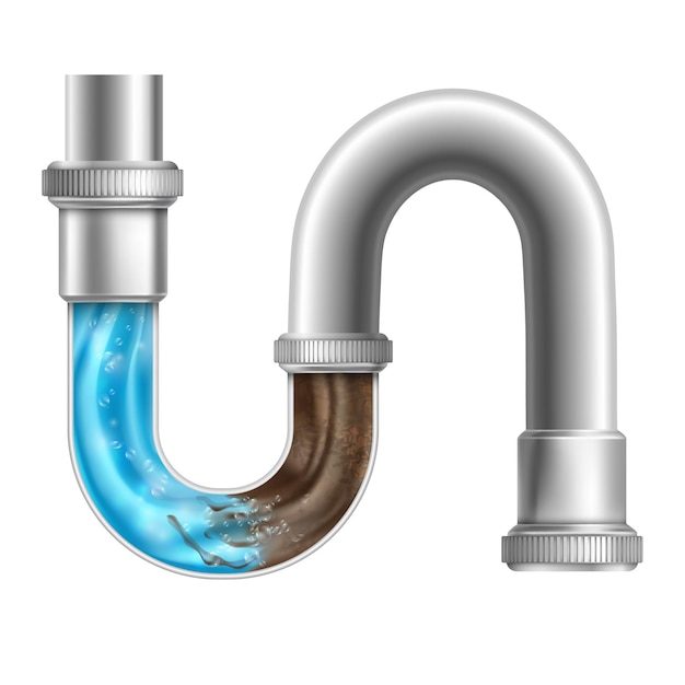 Realistic drain pipe Clogging plumbing 3d pipes under sink or sewerage liquid cleaner for unclog toilet drains clean water block in dirt piped drainage tidy vector illustration