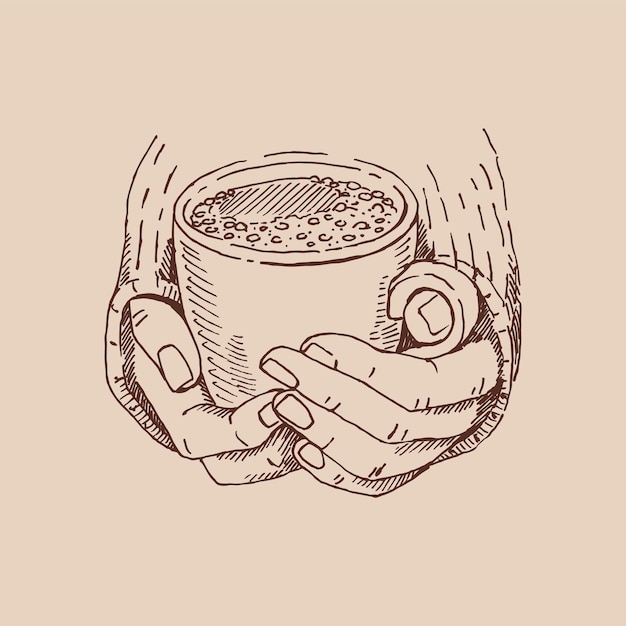 Realistic drawing of beautiful hands holding a mug with a hot beverage Vector illustration isolated