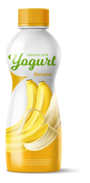 Realistic drinking yogurt bottle Dairy product Juicy yellow banana Milk beverage label design Fruit taste Closed container Liquid cream Plastic package Vector isolated object