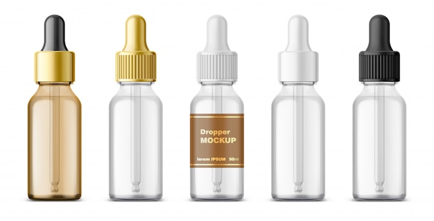 Realistic dropper glass bottle set. Cosmetic blank vials for liquid drug.