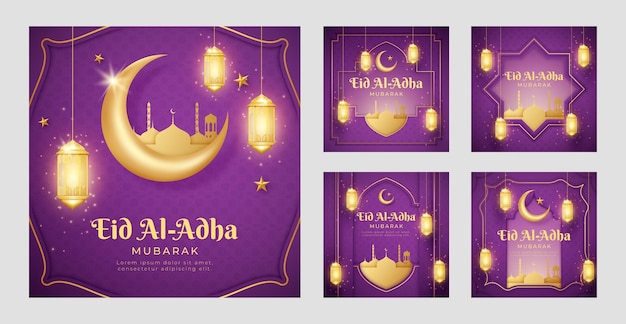 Realistic eid al-adha instagram posts collection with lanterns and crescent moon