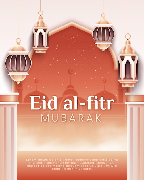 Realistic Eid AlFitr Mubarak Poster with Mosque Background Design Template