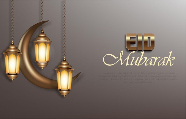 Vector realistic eid mubarak background with laterns and moon