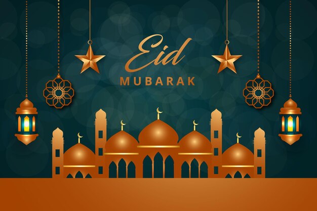 Vector realistic eid mubarak background with mosque ramadan arabic lantern