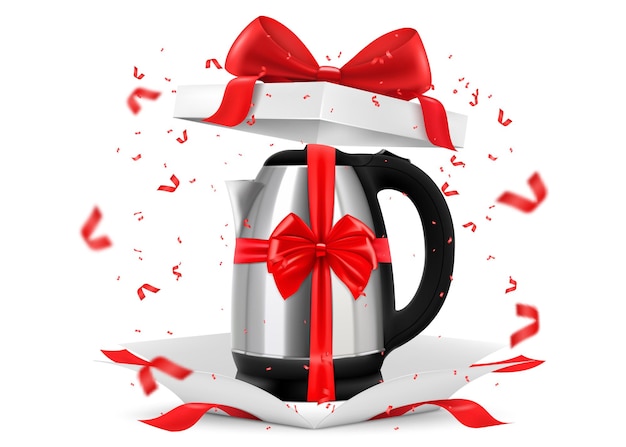 Realistic electric kettle with red ribbon and bow inside open gift box Gift concept Kitchen appliances Isolated 3d vector illustration