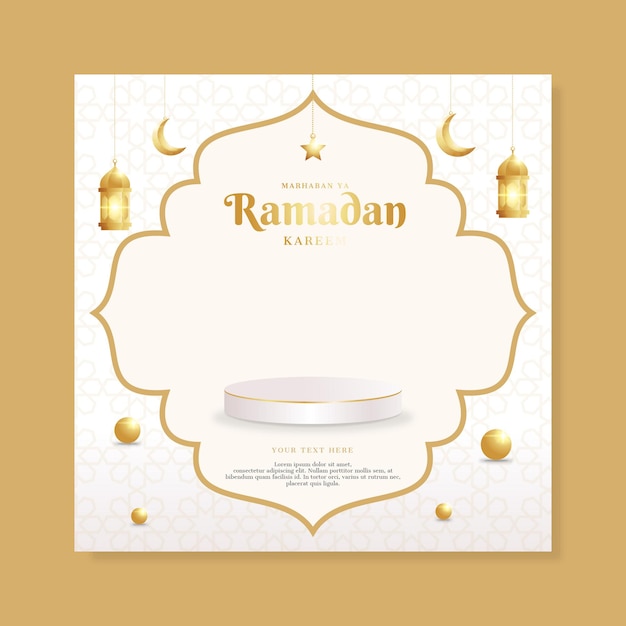 Realistic and elegant Ramadhan Social media with podium lantern stars and moon Vector