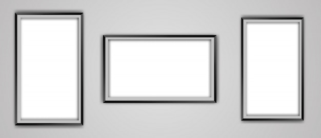 Vector realistic empty black picture frame mockup set isolated on a transparent background.