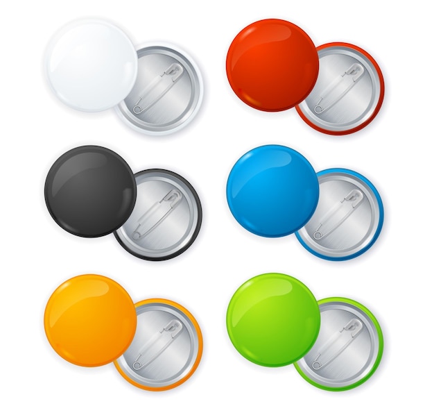 Realistic Empty Color Blank Circle Button Badge Pin Set Vector