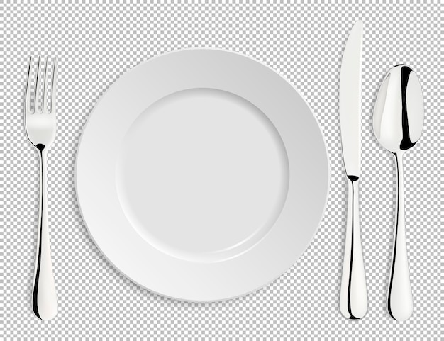 Realistic empty plate with spoon, knife and fork isolated.