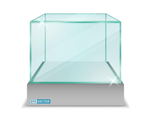 realistic empty transparent glass box or empty glass cube box showcase or exhibit box transparent