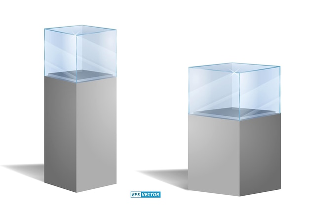 realistic empty transparent glass box or empty glass cube box showcase or exhibit box