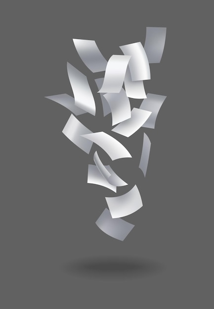 Realistic falling paper sheets. Set of flying curved leaves of paper. Vector loose soar of notes with curled edges. Fly scattered notes, empty chaotic paperwork