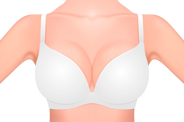 realistic female breast in a white bra close-up isolated