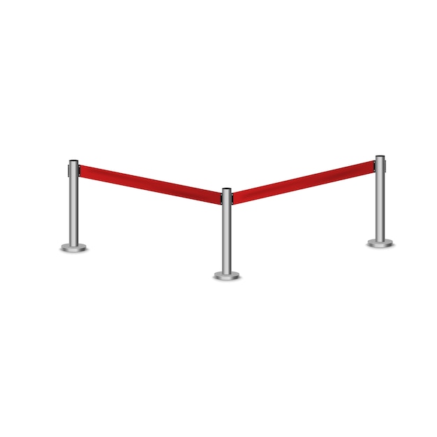 Realistic fencing for exclusive entrance or security zone. Silver barrier with red ribbon for VIP Presentation. Red rope for exhibition halls and car dealerships.