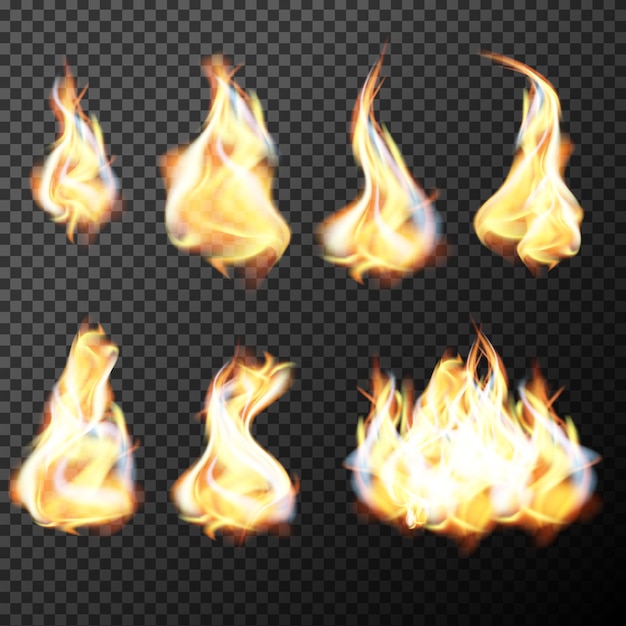 Realistic fire flames set vector on transparent background. Vector illustration.