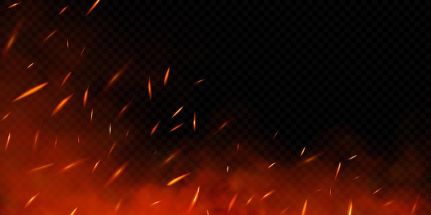 Realistic fire sparks on transparent background Vector illustration of burning particles and smoke