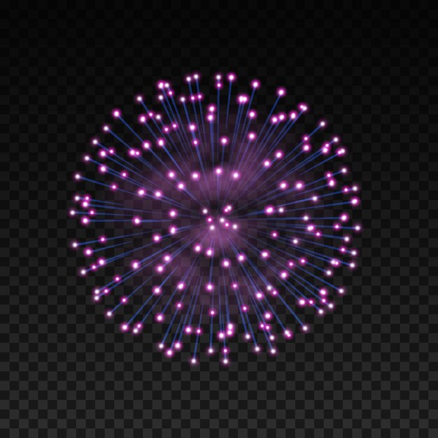 Realistic firework isolated at dark background. Festive sparkles explosion in night sky for holiday, new year or birthday celebration. Web design element. Vector illustration