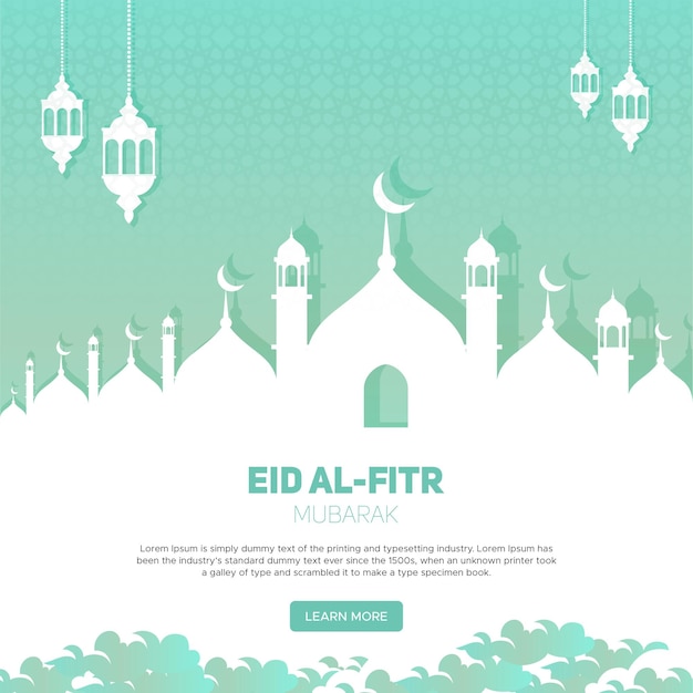 Realistic Flat eid alfitr greeting illustration with lamp and mosque cloud