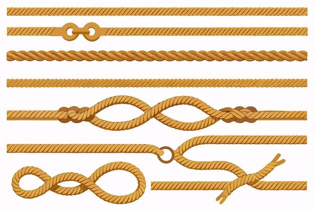 Vector realistic flat illustration rope brushes with different knots set on a white background