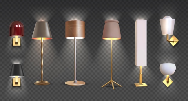 Realistic floor lamp. 3D closeup render of modern electric torchere with light isolated on transparent background. Vector illustration light furniture set for illumination interior