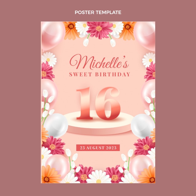 Realistic floral sweet 16 poster template