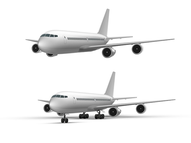 Realistic flying and standing airplane, jet aircraft or airliner perspective view. Detailed passenger air plane white.  Realistic plane mockup set . Symbol of travelling or  air cargo transportation.