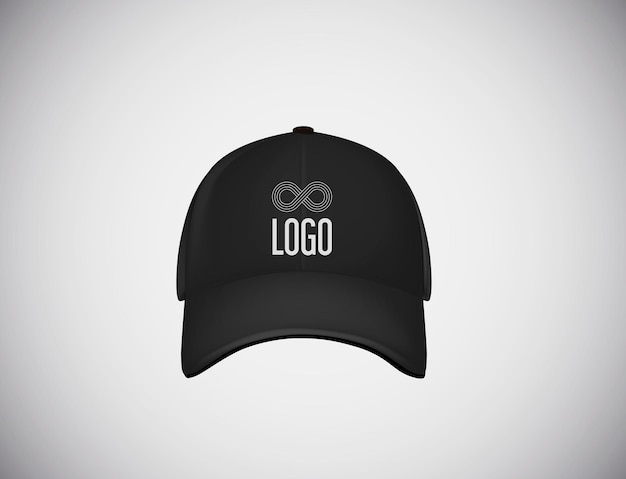 Realistic front view black baseball cap with logo lettering for advertising isolated on white background vector illustration