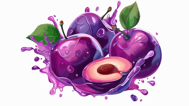 Vector realistic fruit sticker colorful ripe plum with splash