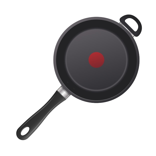 Realistic frying pan in top view isolated on white background. Metallic dishware