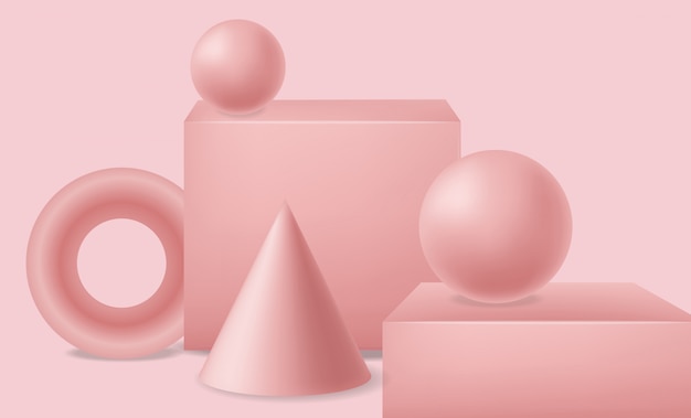 Realistic geometric elements 3d set, isolated, pink forme