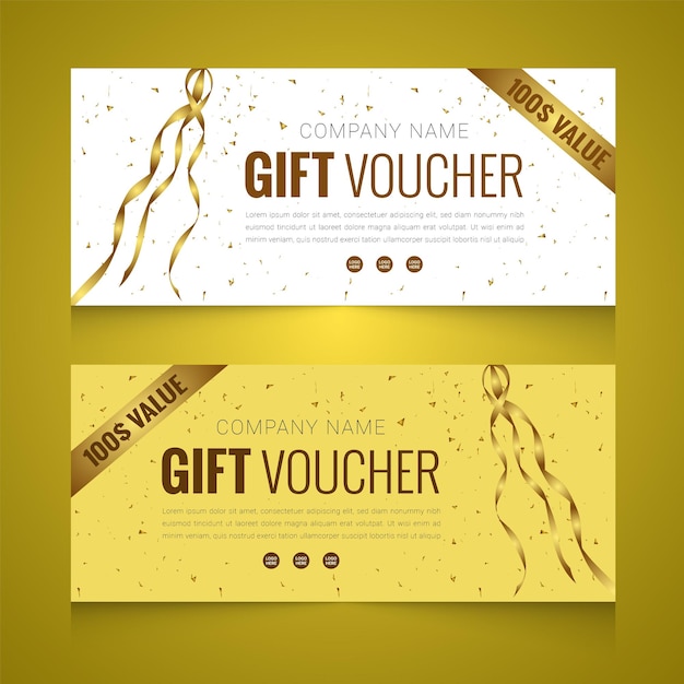 Realistic gift voucher with golden color ribbon horizontal banners template design