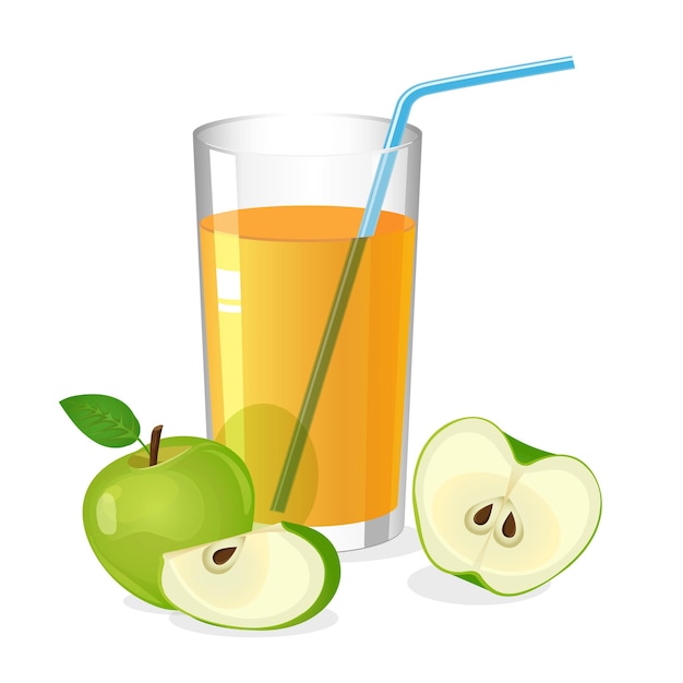 Realistic glass of apple juice drink with cocktail straw. Juice with apple half and slice isolated on white. Fresh refreshment beverage. Natural sweet portion of vitamins.  illustration