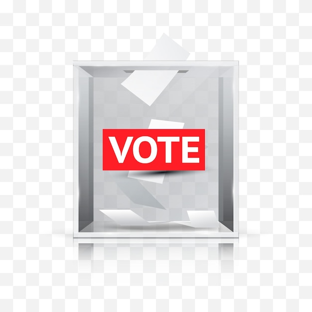 Realistic glass ballot box with text Vote on checkered background Voting white paper in hole Transparent voting container with a falling ballot paper Ballots inside