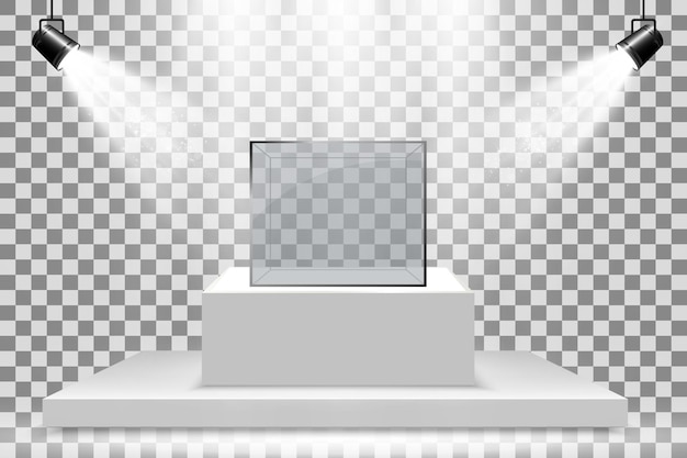 Realistic glass box or container on a white stand Vector illustration