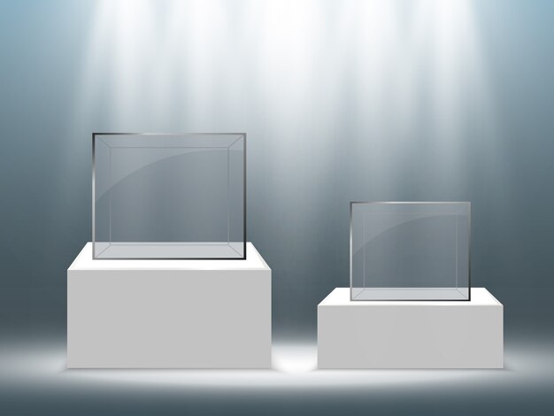 Realistic glass box or container on a white stand ..