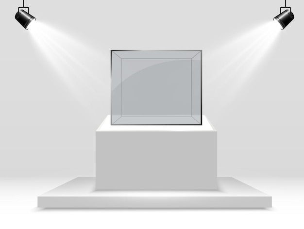 Realistic glass box or container on a white stand