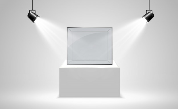 Vector realistic glass box or container on a white stand