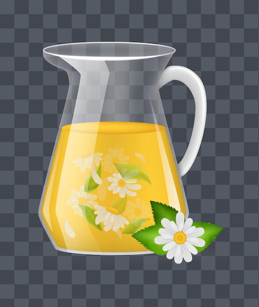 Realistic glass decanter with of chamomile custard tea with chamomile leaves and flowers infographic