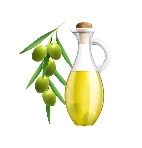 Realistic glass jar of olive oil and branch vector illustration