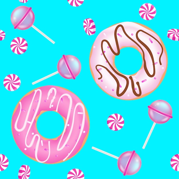 Realistic glazed donut cake, lollipop seamless pattern. Bakery sweet pastry food, Wrapping paper