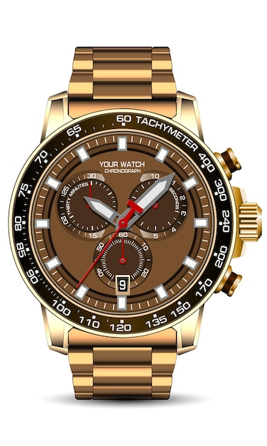 Realistic gold brown clock watch chronograph face strap white background design luxury men fashion