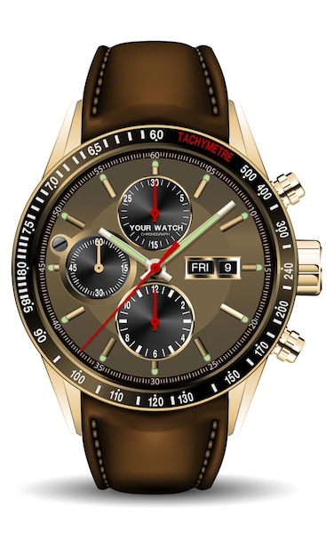 Realistic gold clock watch chronograph brown leather strap red arrow men luxury isolated vector