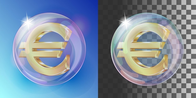 Vector realistic gold euro currency euro sign encapsulated in transparent soap bubble